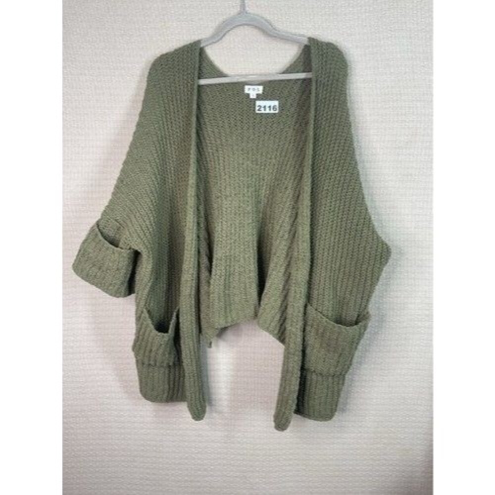 POL Green Chunky Knit Pockets Draped Open Front Cardigan Women L China Polyester